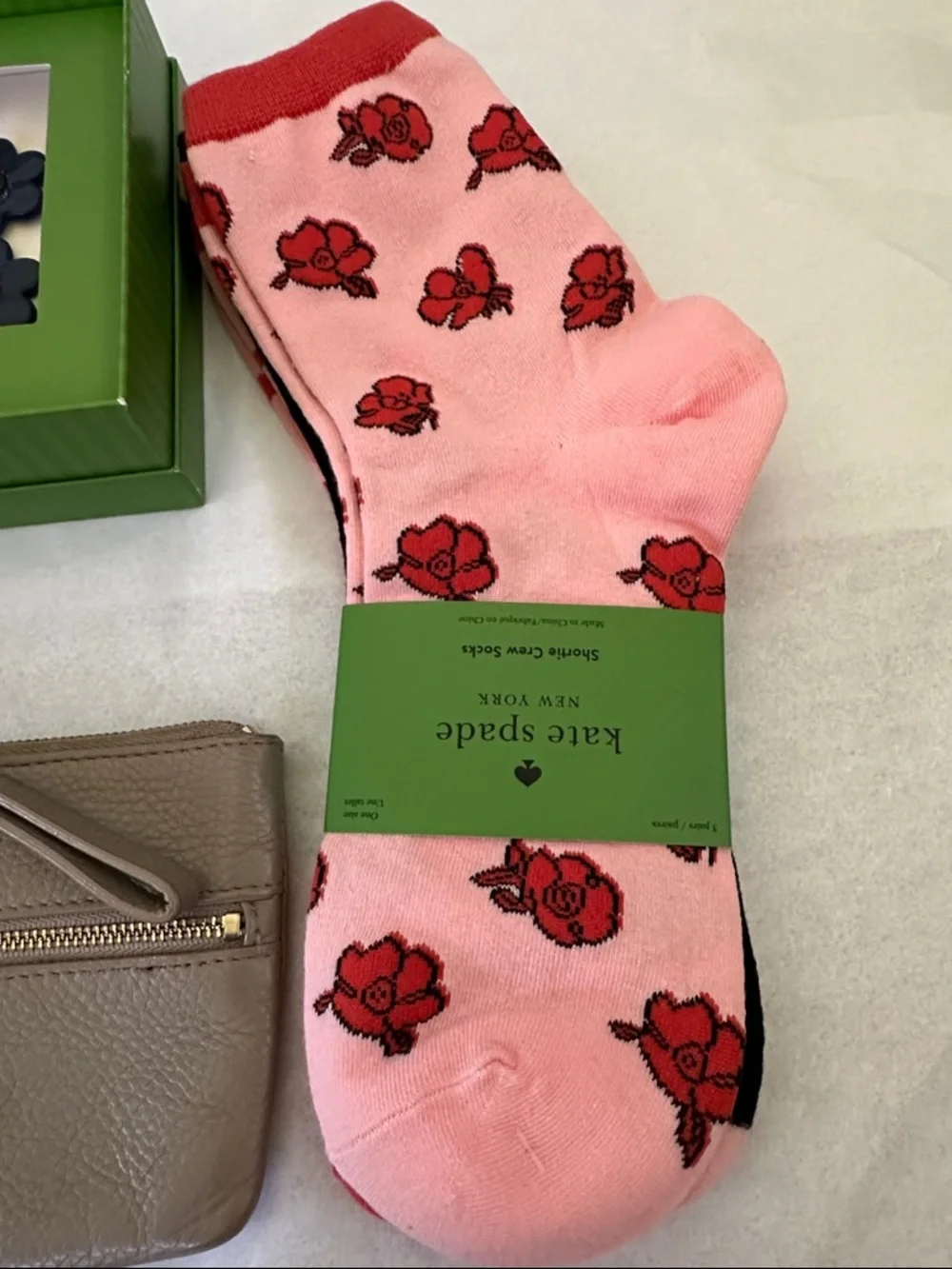 kate spade Bundle-3 pack Crew Socks, Taupe Leather Wristlet, Flower earrings